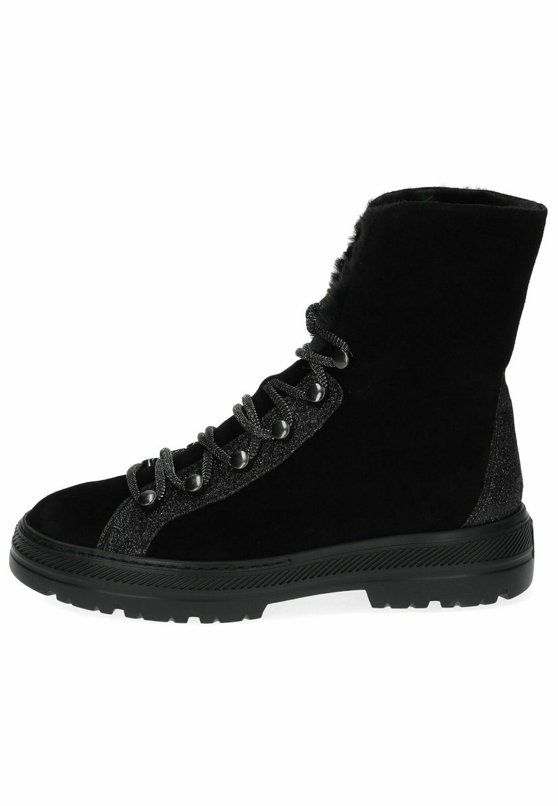 Black lace-up ankle boots feature a combination of smooth and textured materials, with metallic accents and a rugged rubber sole.