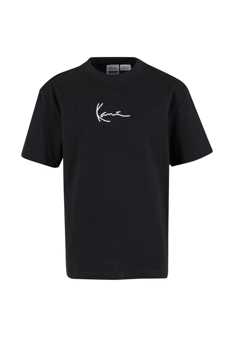 Schwarzes Baumwoll-T-Shirt mit kurzen Ärmeln, das ein weißes Schriftlogo auf der Vorderseite trägt. Einfacher Rundhalsausschnitt und gerade Form.