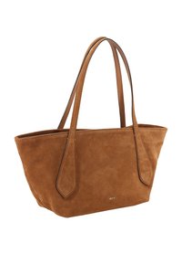 Brown suede tote bag with two top handles, featuring a wide, open top and subtle stitching details. Brand name embossed on the front.