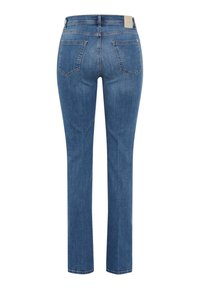 Blue denim jeans with straight leg design, featuring two back pockets, top-stitching details, and a mid-rise waistband.