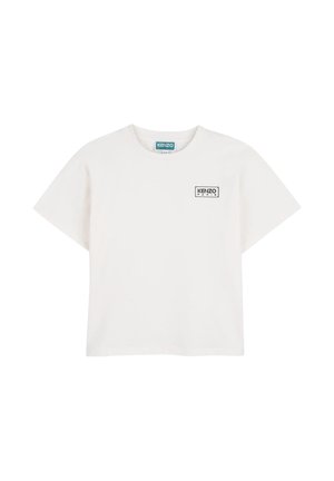 T-shirt bianca a maniche corte Kenzo Paris con collo rotondo e piccola toppa con logo nero sul petto sinistro.