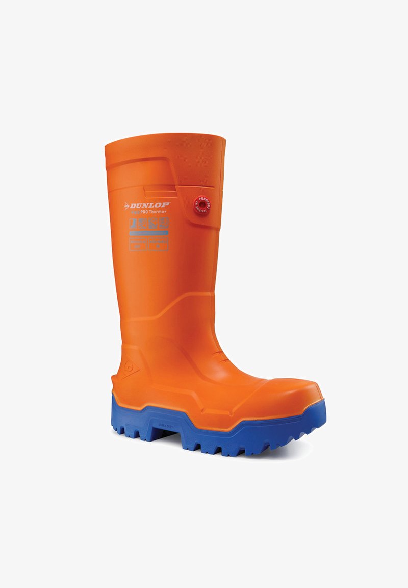 Bright orange rubber boot with blue sole, textured upper, and safety features. Includes a red button on the side for adjustable fit.