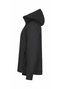 Sort hættejakke med en glat, struktureret finish. Har en fuld lynlås foran og sidelommer, designet til en moderne silhuet.