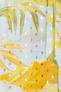 Textile featuring a colorful tropical design with green palm leaves, golden polka dots, and a soft blue and yellow background.