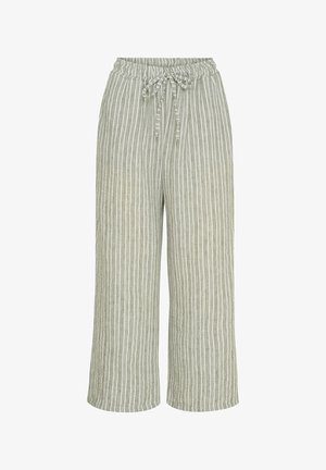 Lys grønne brede bukser lavet af et struktureret stof, med lodrette hvide striber og en justerbar snøre i taljen.