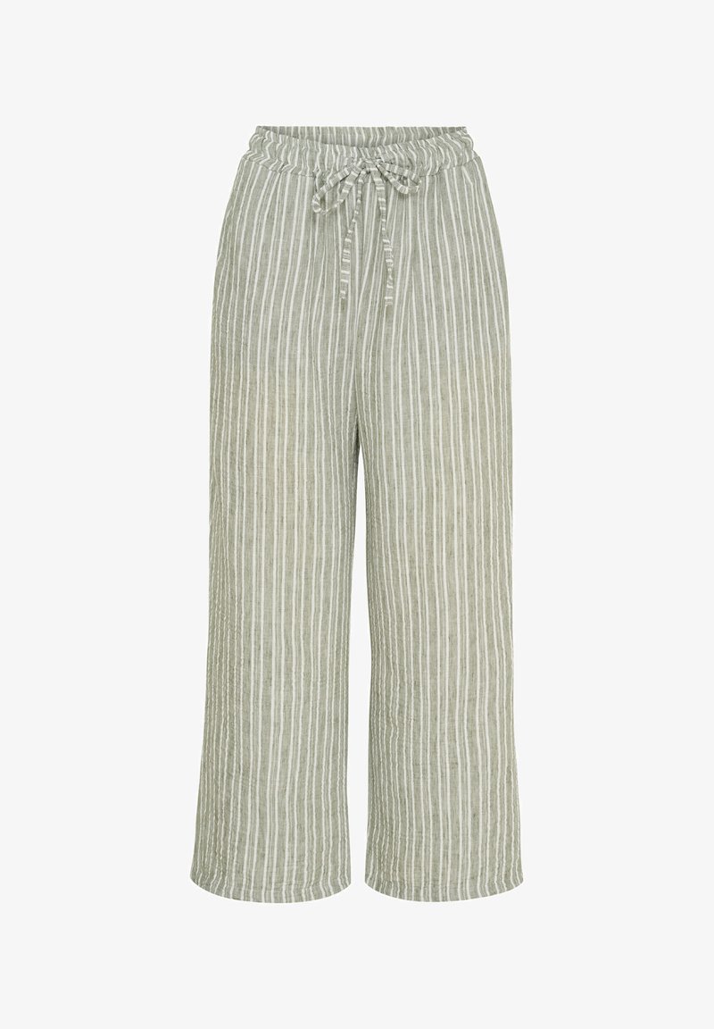 Lys grønne brede bukser lavet af et struktureret stof, med lodrette hvide striber og en justerbar snøre i taljen.