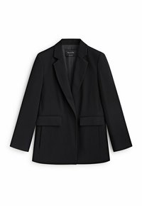 Zwarte blazer met een reverskraag, rechte snit en twee voorkruiszakken. Gemaakt van gestructureerde stof, ontworpen met lange mouwen en een getailleerde pasvorm.