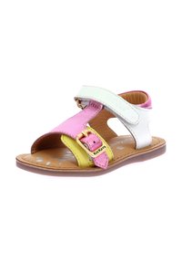 Sandal multicolore con cinturini in pelle rosa, bianca e gialla, design open toe, fibbia regolabile e soletta testurizzata con motivi floreali.