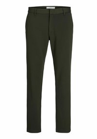 Pantalon vert olive confectionné dans un matériau doux et extensible. Présente un devant plat, des passants pour ceinture et une coupe fuselée au niveau des jambes.