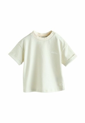 Lichtgele gestreepte t-shirt van katoen met korte mouwen, een ronde hals en drukknoopjes op de schouder. Bevat geborduurde "smiles."