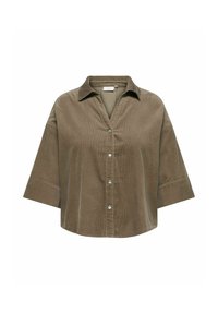 Chemise en velours côtelé marron à manches courtes, col et fermeture à boutons à l'avant avec quatre boutons visibles.