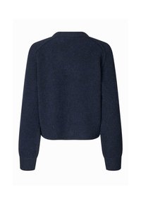 Mørk marineblå langermet genser med ribbestrikkede mansjetter, kant og rund hals, vist fra baksiden på en hvit bakgrunn.