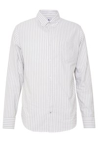 Dlouhý rukáv košile světle šedé barvy s tenkými svislými pruhy. Obsahuje límeček na knoflíky a kapsu na levé straně hrudi. Měkký bavlněný materiál.