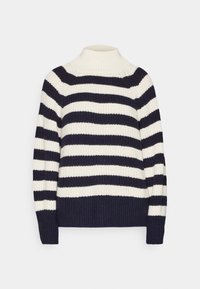 Pull à col roulé tricoté avec rayures horizontales bleu marine et blanches, texture côtelée et manches longues.