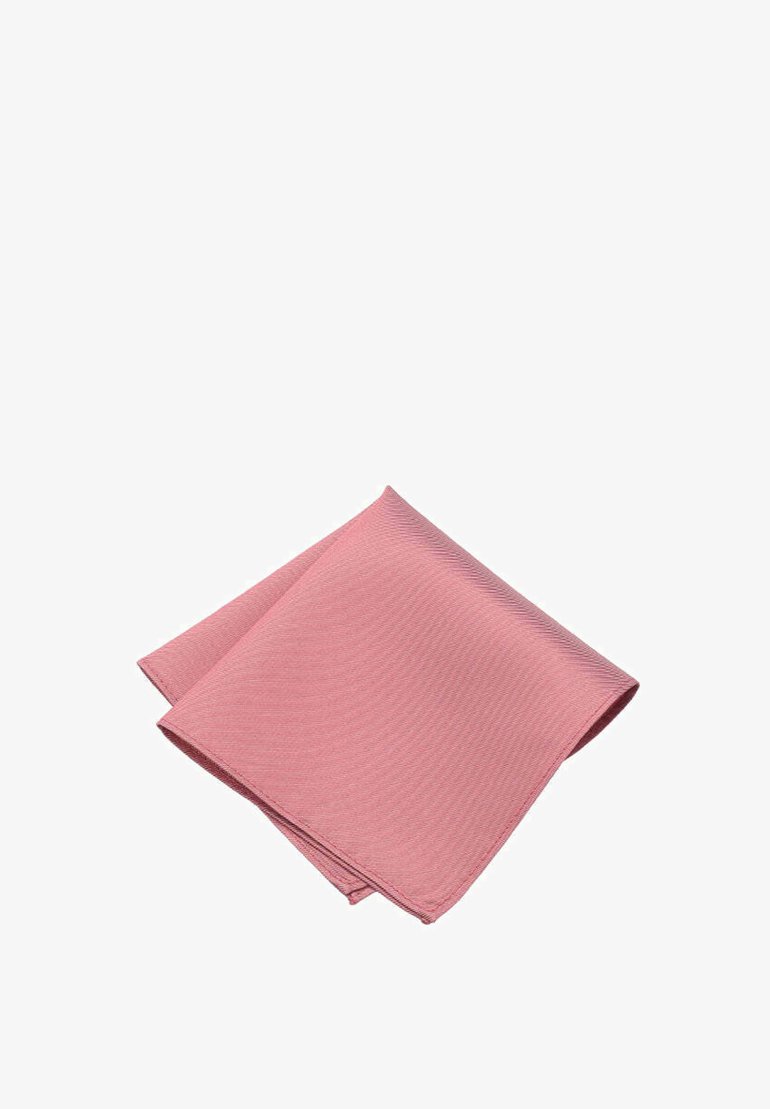 Pink napkin made of textured fabric, folded in a square shape with subtle diagonal stripes. Edges are neatly finished.