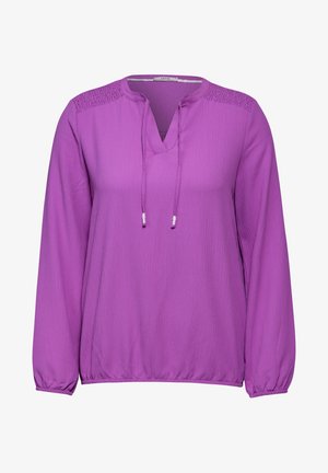 Lila langärmlige Bluse mit V-Ausschnitt und Kordelzug. Verfügt über eine kräuselige Textur und elastische Bündchen, geeignet für legere Anlässe.