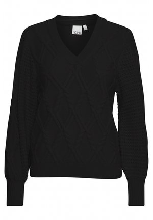 Črni pleteni pulover z V-izrezom, ki ima teksturirane vzorce in rebraste manšete. Oblika vključuje detajle v obliki diamantov in kabelskega pletenja.