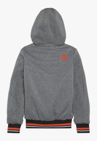 Sudadera gris con capucha, acabados en canalé en los puños y el dobladillo. Presenta un pequeño logo bordado en naranja en la parte posterior. Tejido suave con un ajuste relajado.