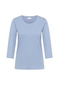 T-shirt à manches longues bleu clair en coton doux, avec un col rond et une coupe décontractée. Design minimal, sans motifs ni accents.