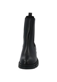 Black leather ankle boot featuring a smooth texture, elastic side panels, reinforced heel, and a sturdy rubber sole.