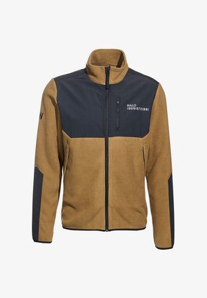 Fleece jack met een bruine body en marineblauwe accenten, hoge kraag, met rits gesloten borstzak en zijzakken, gemaakt van zacht materiaal.