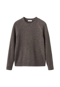 Brązowy prążkowany sweter z okrągłym dekoltem, długimi rękawami i luźnym krojem. Całość zdobi fakturowany wzór dzianinowy.