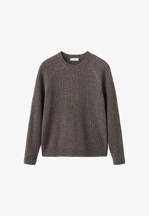Brauner, gerippter Pullover mit Rundhalsausschnitt, langen Ärmeln und lockerem Sitz. Strukturierte Strickmuster durchgehend.