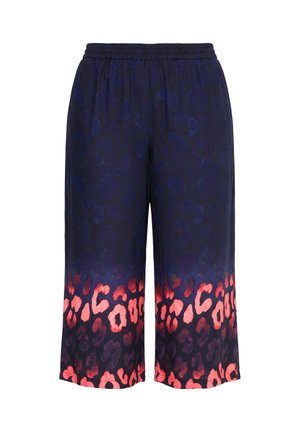 Pantaloni a gamba larga blu navy con vita elastica, caratterizzati da un motivo leopardato rosso e rosa lungo la parte inferiore delle gambe.