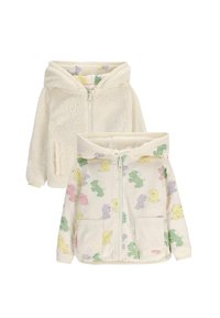 Futrzasta kremowa bluza z kapturem, zapinana na zamek błyskawiczny, z dwiema kieszeniami i podszewką w zwierzęcy wzór z pieskami w pastelowych kolorach. Materiał jest miękki i przytulny.