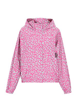 Könnyű rózsaszín dzseki türkiz leopárdmintával. Hagyományos kapucnival, gumírozott mandzsettával és rövid, felső részes kialakítással.