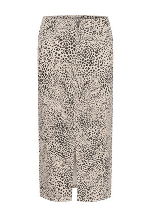Beige kokerrok tot over de knie met zwart abstract luipaardprintpatroon en een centrale voorzijde split, voorzien van riemlussen en een knoopsluiting.