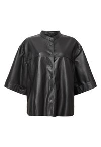Black leather shirt jacket with a high collar, short sleeves, and button front closure. Features a smooth texture and bold stitching details.