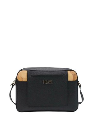 Zwarte rechthoekige crossbodytas met beige hoeken met kaartpatroon, voorvak met rits en gouden merkletters "T'CLASSE".