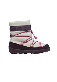 Winterstiefel in Off-White und Dunkellila, mit elastischen Schnürsenkeln, einem gepolsterten Schaft und einer robusten Sohle mit rosa Akzenten. Strukturiertes Stoffdetail.
