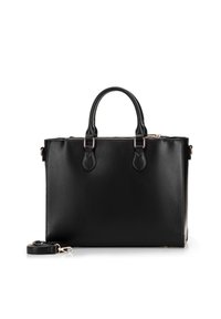 Borsa tote in pelle nera con doppi manici, chiusura con zip, tracolla staccabile e accessori in tonalità oro. Texture liscia e forma rettangolare.