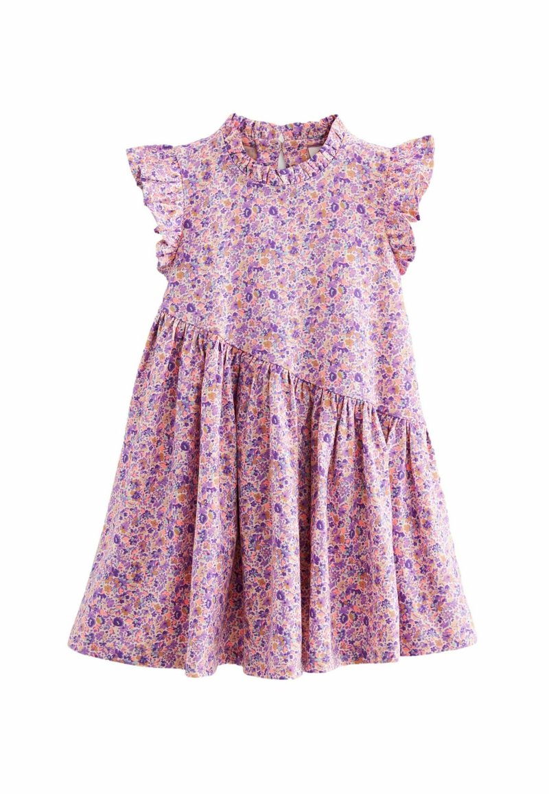 Robe pour tout-petit à fleurs violettes et oranges avec manches courtes volantées, jupe froncée et encolure à volants.