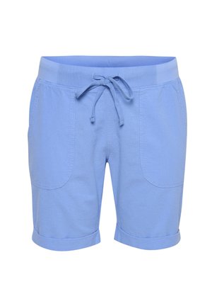 Lyseblå afslappede shorts med elastisk talje, snøre foran, to forlommer og opkrogede kanter.
