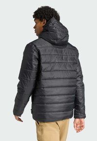 Young adult male wearing a black puffer jacket with a hood, viewed from behind, standing against a light background.