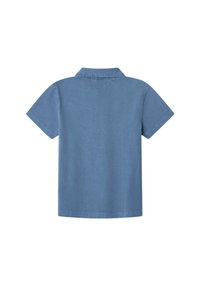 Camicia azzurra a maniche corte con colletto, texture liscia e cuciture pulite. La vista da dietro non presenta ulteriori motivi o decorazioni.