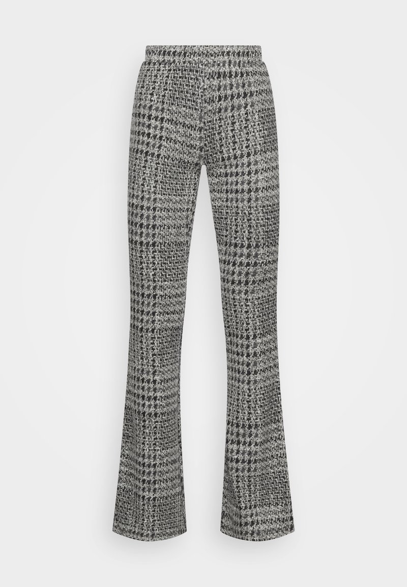 Pantalon à jambes droites à motif écossais gris et noir, avec une taille élastique, présenté sur un fond blanc uni.