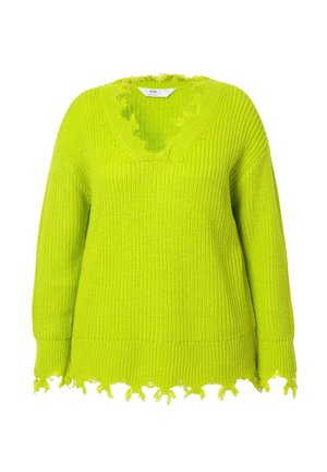 Limettengrüner gestrickter Pullover mit V-Ausschnitt und ausgefranstem Saum. Verfügt über einen texturierten Stoff und lange Ärmel mit lockeren Faden-Details.