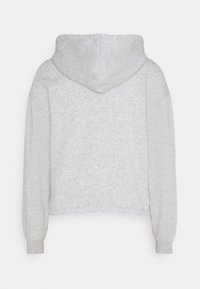 Hoodie grigio corto con una texture morbida, maniche lunghe e cappuccio. Presenta una vestibilità rilassata e polsini a costine. Senza loghi o pattern visibili.