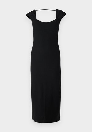 Vestido preto sem mangas com decote quadrado, corpete justo e detalhes de ombros amplos. Feito de um tecido liso e elástico.