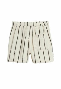 Bomullsshorts med elastisk midja, med vertikala svarta ränder på en krämfärgad bakgrund och en enda fidel ficka på baksidan.