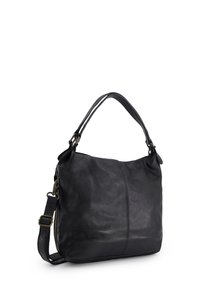 Schwarze Leder-Schultertasche mit weicher Textur, breitem Hauptfach, kurzem Tragegriff und verstellbarem Umhängegurt.