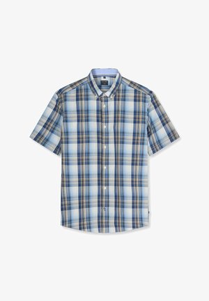 Camicia con maniche corte e bottoni, con motivo a quadri blu, beige e bianco, dotata di colletto con bottoni e bottoni frontali.