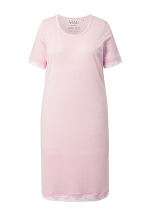 Lyserød natkjole med korte ærmer og bølget blonderkant på ærmer og kant, rund halsudskæring, længde til knæet, blødt stof.