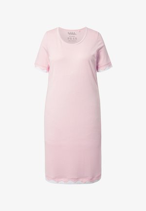 Camicia da notte rosa chiaro a maniche corte con bordo in pizzo smerlato sulle maniche e sull'orlo, scollo rotondo, lunghezza al ginocchio, tessuto morbido.