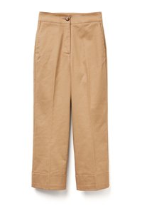 Beige katoenen wijde broek met een hoge taille, voorkwakken en een enkele knoopsluiting. Heeft strakke lijnen en een getailleerd silhouet.