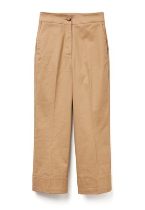 Beige katoenen wijde broek met een hoge taille, voorkwakken en een enkele knoopsluiting. Heeft strakke lijnen en een getailleerd silhouet.
